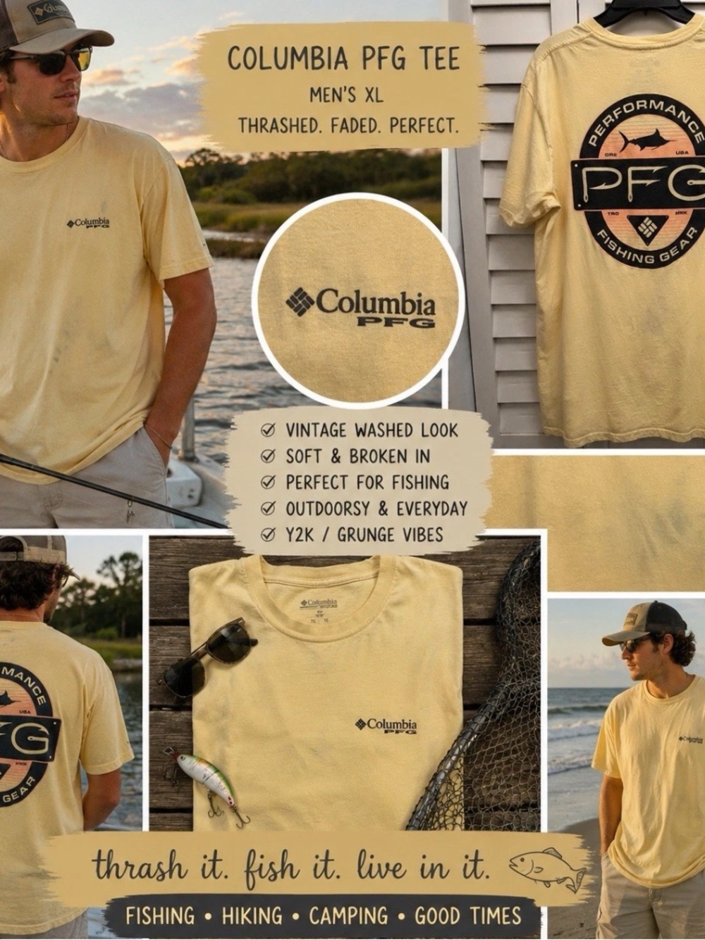 Columbia PFG Shirt XL Yellow Thrashed Distressed Fishing Y2K Grunge Gorpcore Tee